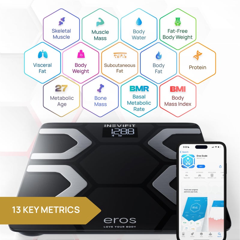 INEVIFIT ميزان الدهون في الجسم بلوتوث INEVIFIT EROS - مقياس BMI ذكي بدقة عالية - محلل تكوين الجسم الرقمي مع تطبيق هاتف ذكي لاسلكي 400 رطل 11.8 × 11.8 بوصة (أسود) - Image 2